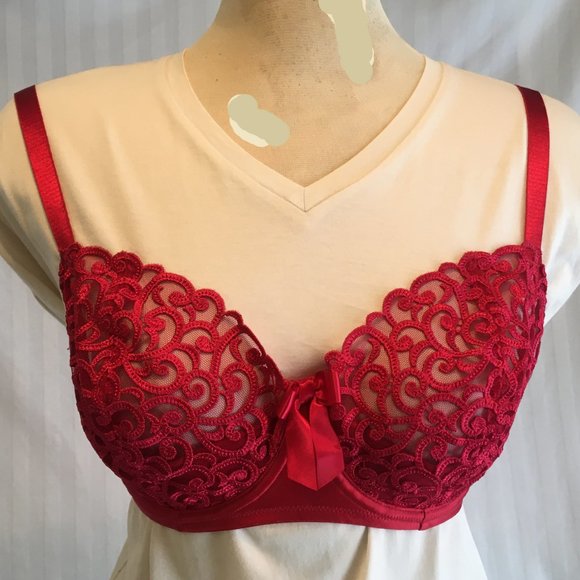 Victoria's Secret 34DD Unlined 1/2 Padding Push Up Cherry Red Lace Underwire Bra - Picture 11 of 16